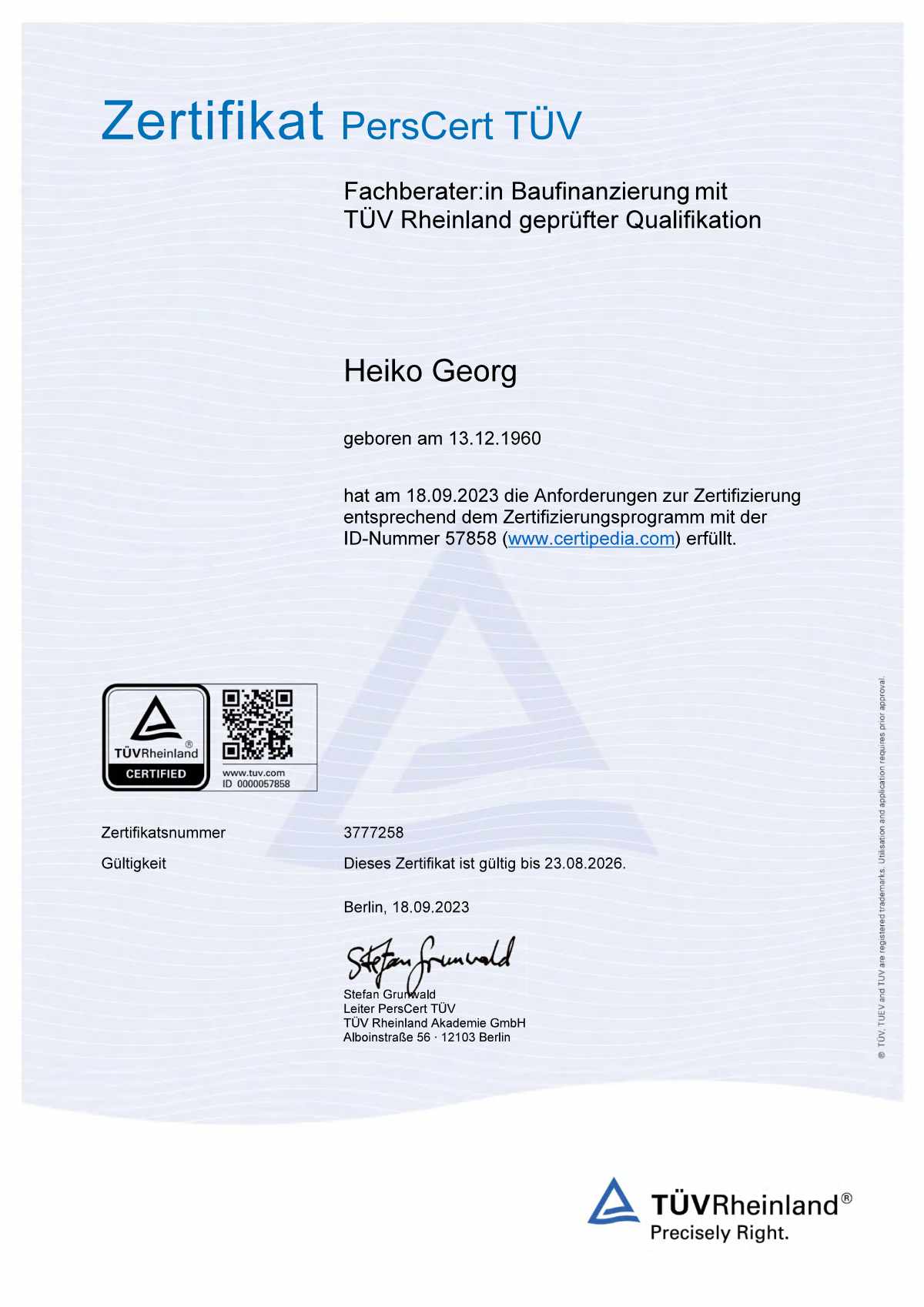 Zertifikat PersCert TÜV für Heiko Georg - Fachberater für Baufinanzierung mit TÜV Rheinland geprüfter Qualifikation